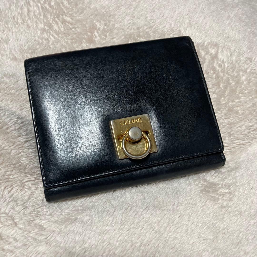 【オールド】CELINE ガンチーニ　レザー財布 CELINE セリーヌ ガンチーニ レザー 財布 ブラック vintage