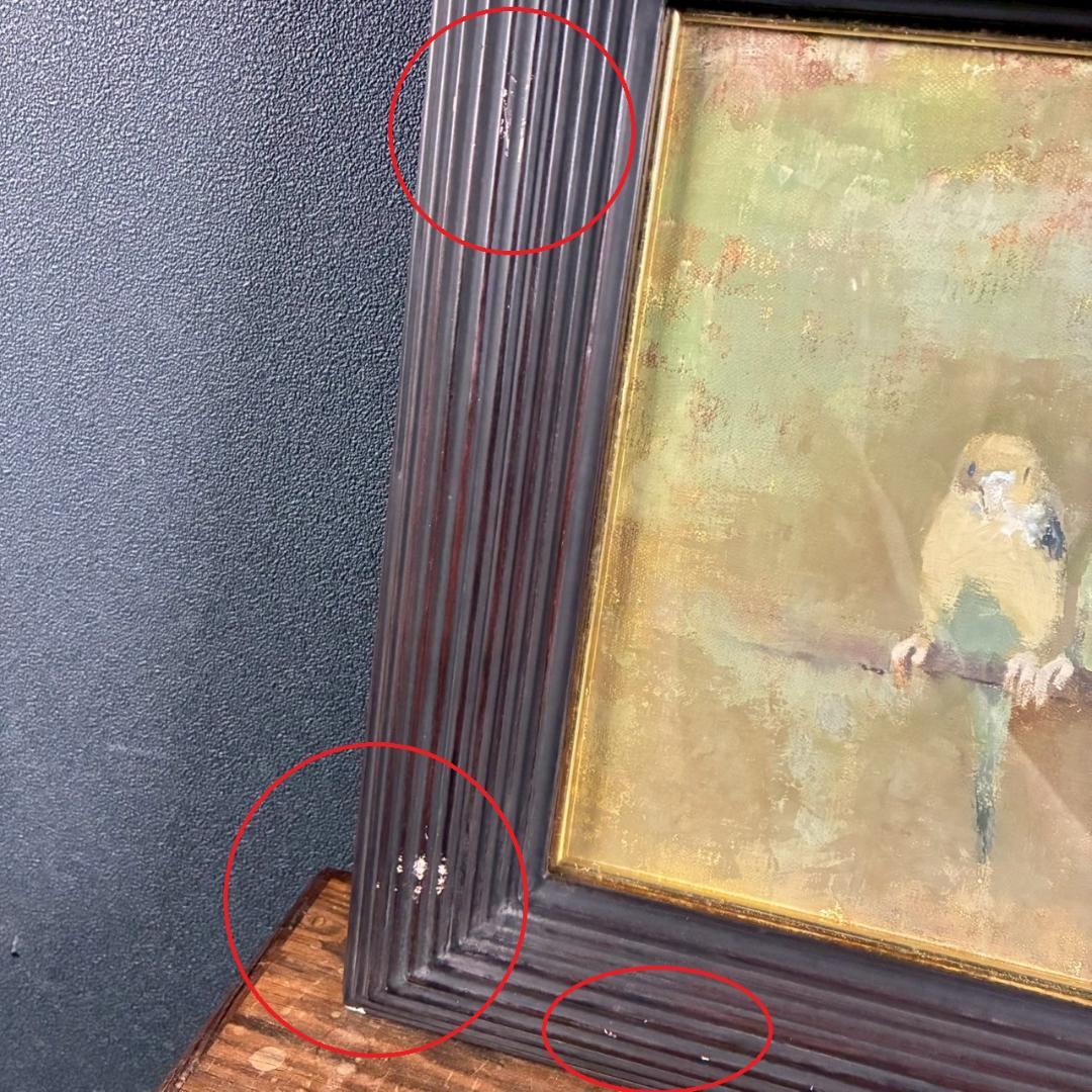 五百住乙人「インコ」キャンバスに油彩画 油絵 F3 直筆サイン入り 額縁