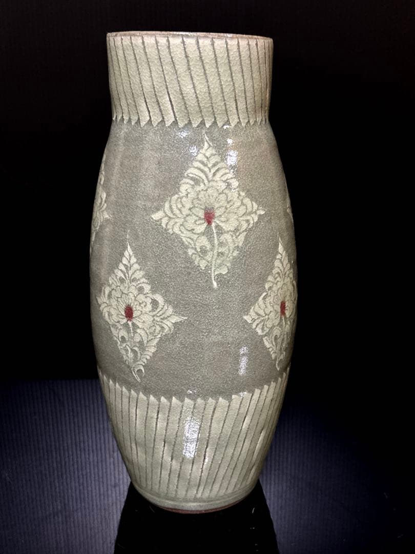 大型 雅山窯 中島正雄 造 高麗青磁 花入 花瓶 共箱付 約30cm