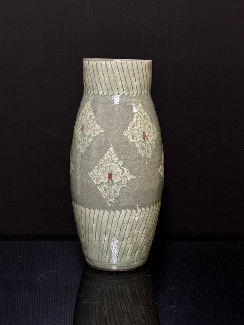 大型 雅山窯 中島正雄 造 高麗青磁 花入 花瓶 共箱付 約30cm