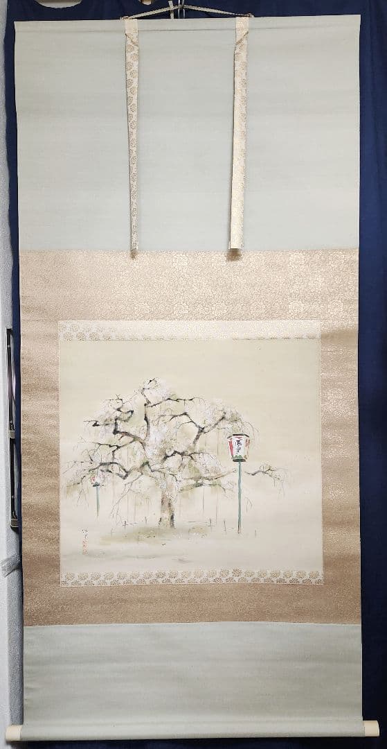 【枝垂れ桜図】浜孤嘯 2684 京都円山公園 掛け軸 肉筆 共箱