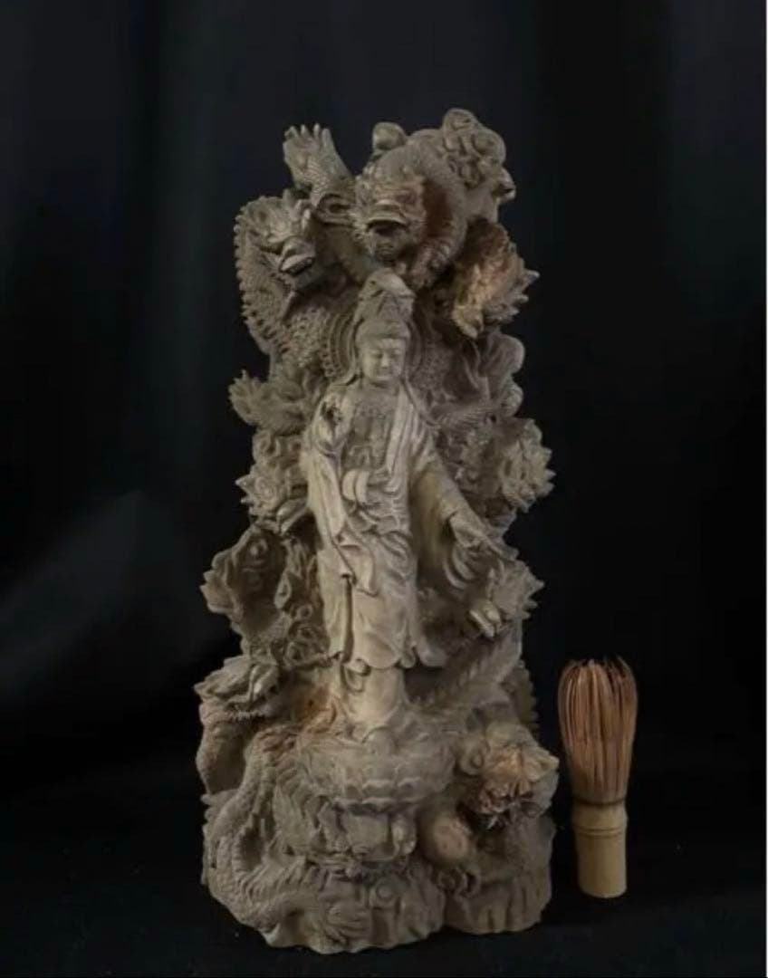 大型 高37cm 仏教工芸品 総楠製 井波彫刻 一刀彫 極上彫 九龍観音