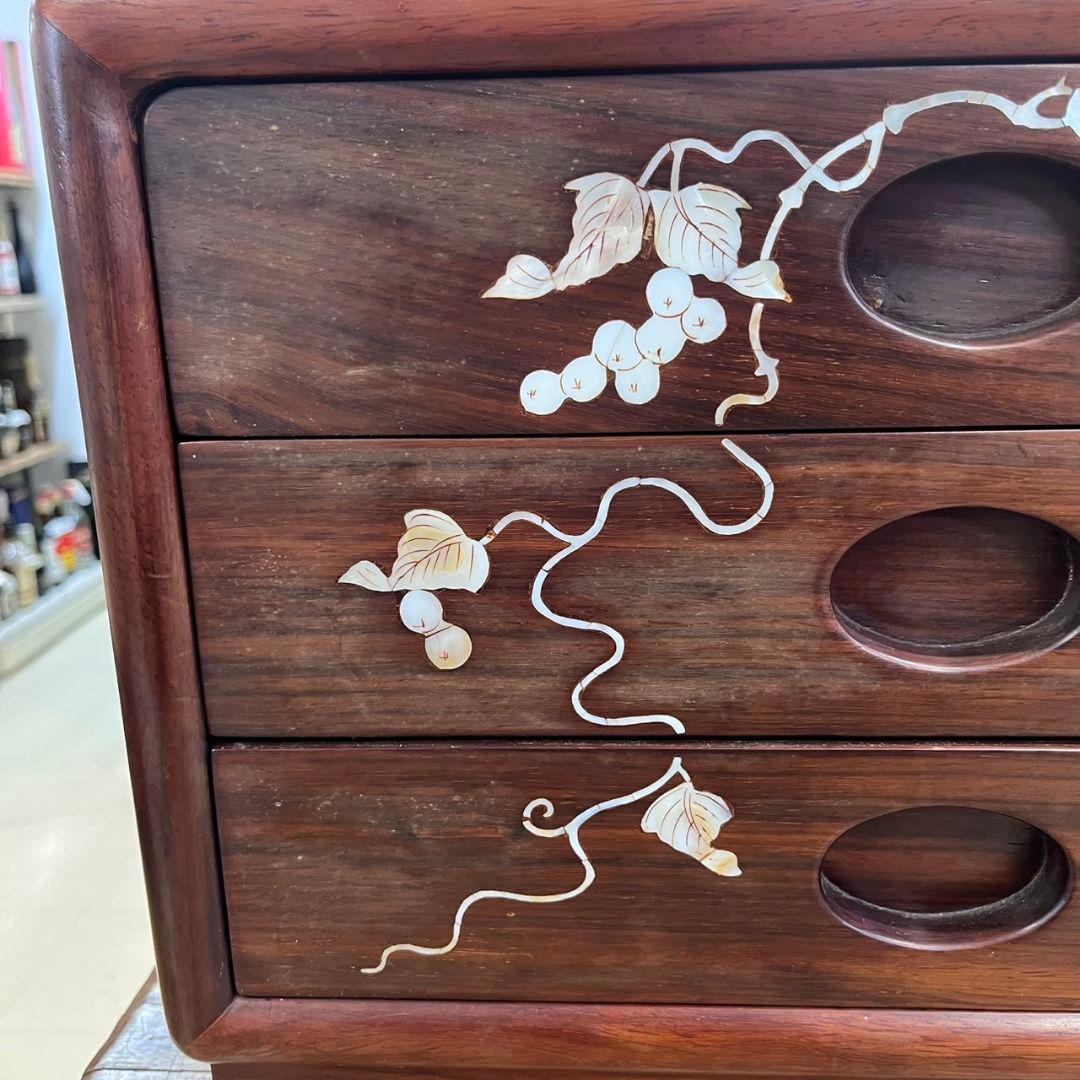 K◇ 花梨 螺鈿家具 唐木 小引き出し 三段 アンティーク ヴィンテージ