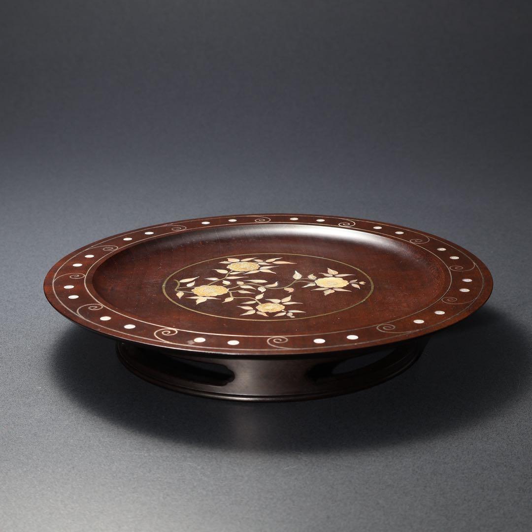 漆塗丸盆黄銅銀 螺鈿野菊文丸盆共箱吉本寿R1430お3