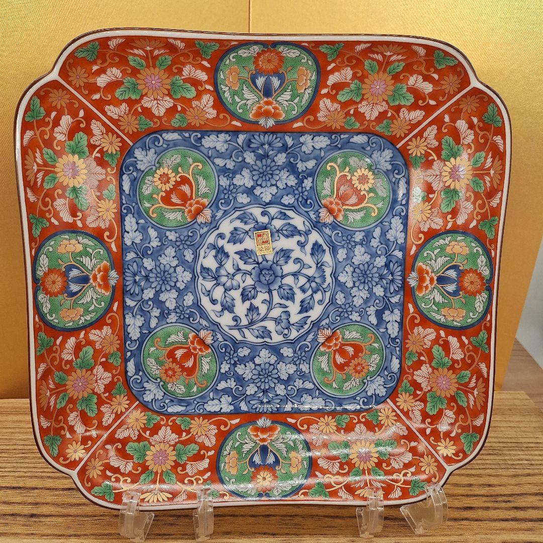 未使用品】前畑陶器 庫山窯 染錦吉兆 角大盛皿 角皿 盛皿 大皿 美濃焼