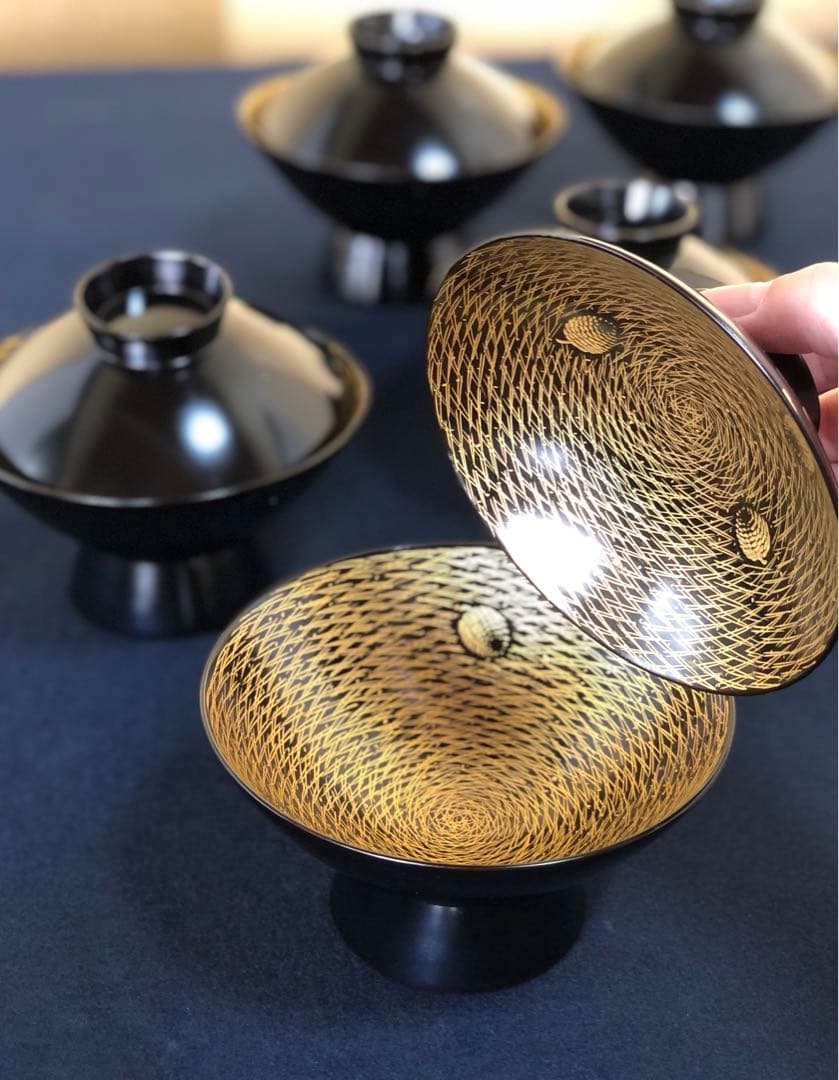 輪島塗 黒塗内総沈金松葉 吸物椀5客 木製漆器 木箱 ①