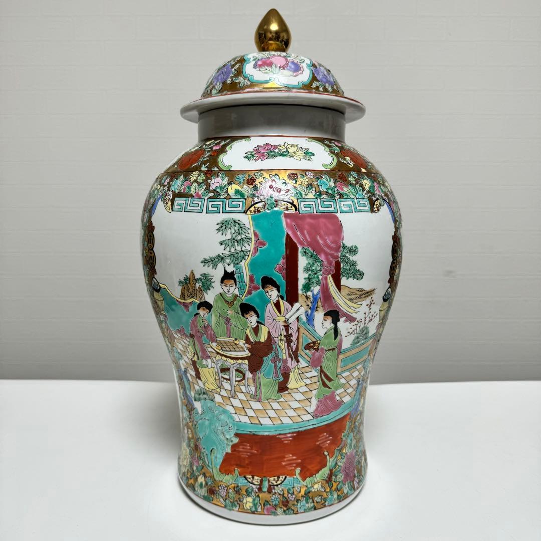 中国美術 蓋付花瓶 花器 飾り壺 壷 宮廷人物図 花鳥図 陶器 磁器 金