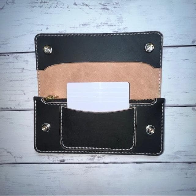 まーくん ロングトラッカーウォレット/姫路レザー茶芯黒色/ステッチ白色