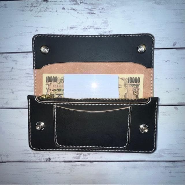 まーくん ロングトラッカーウォレット/姫路レザー茶芯黒色/ステッチ白色