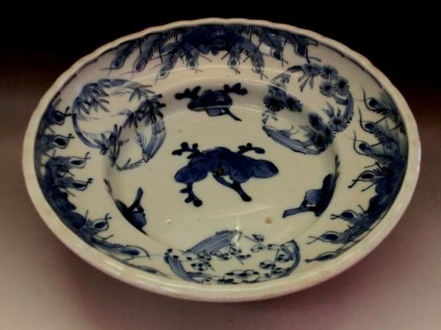 鉢■染付 丸紋 鳳凰 竹梅 唐草 三つ足 江戸後期 古美術 時代物 骨董品■