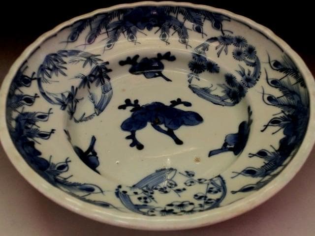 鉢■染付 丸紋 鳳凰 竹梅 唐草 三つ足 江戸後期 古美術 時代物 骨董品■