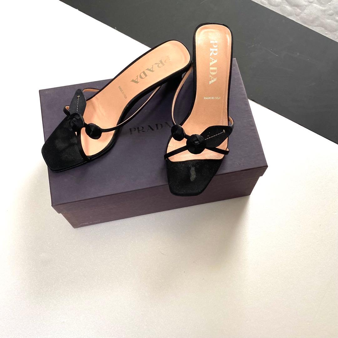 PRADA プラダ　サンダル　23.5 ミュール　黒　バラ　お花モチーフ　37