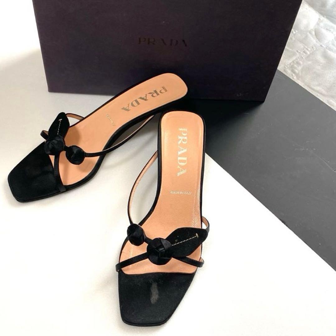 PRADA プラダ　サンダル　23.5 ミュール　黒　バラ　お花モチーフ　37