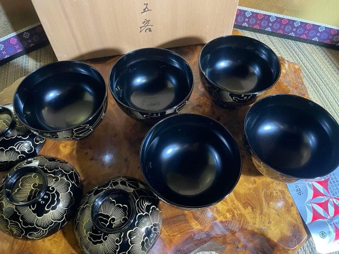 美品　未使用 高級輪島塗 わじま　市中泰三漆器店　黒漆沈金 吸物椀5客