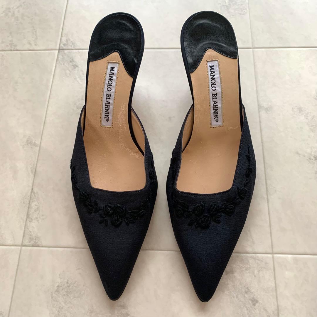 マノロブラニク ミュール サンダル 花 刺繍 ヒール ブラック 38 25cm