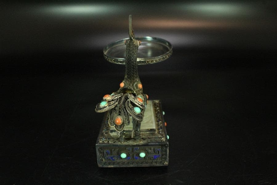 銀七宝 鳳 和田玉 白玉刻花鳥 宝石 珊瑚 象嵌 花鳥 饕餮(K-A156