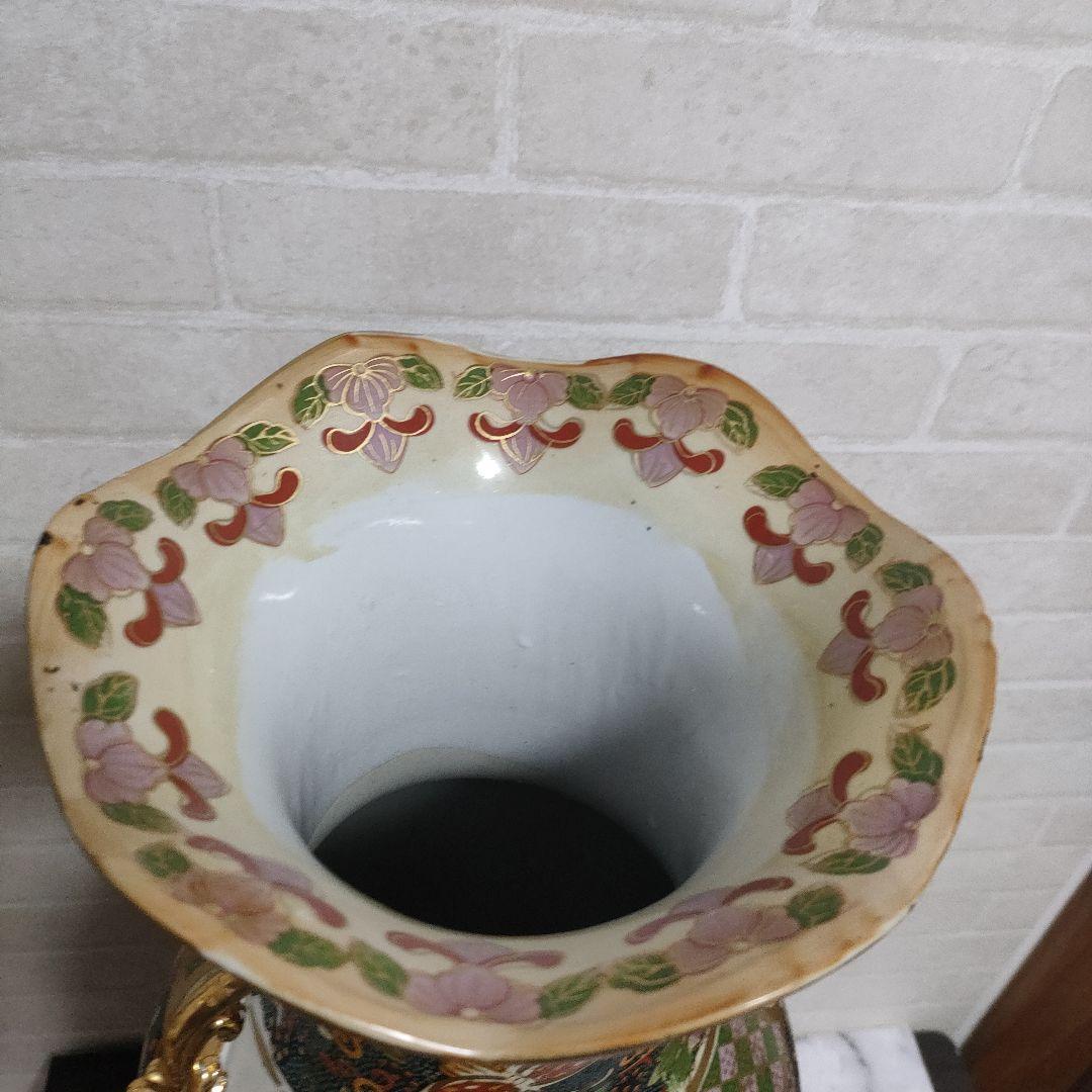 中国美術 大型飾り壺 双耳大花瓶 金彩 美人画 花鳥蝶 豪華爛漫 60cm