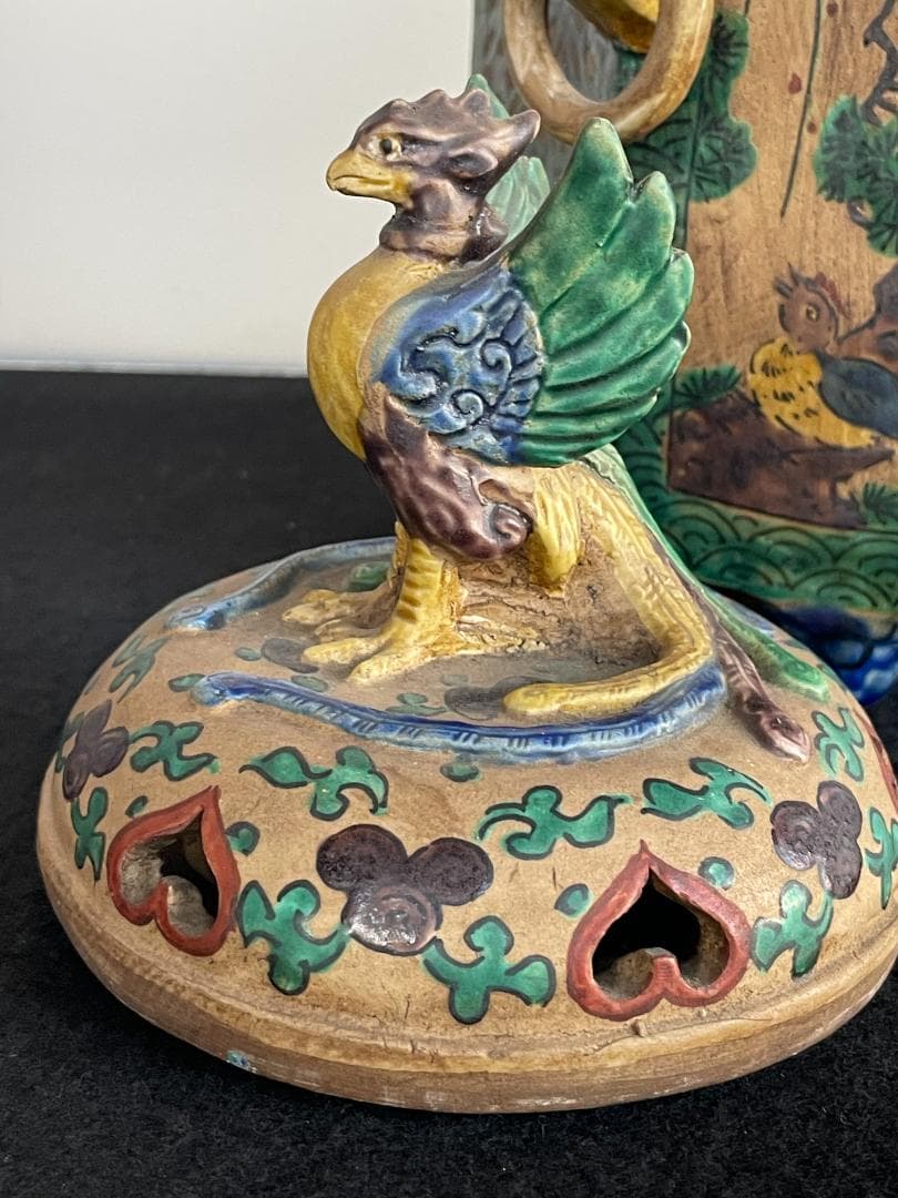 希少 古九谷 青九谷 青手 香炉 角福 1800年 香炉 鳳凰 獅子 吉田屋