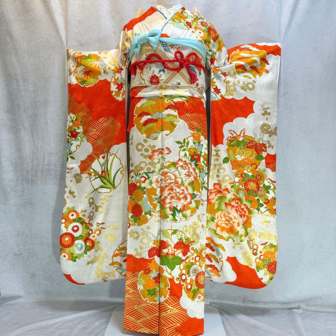 振袖フルセット 古典柄 トールサイズ 161〜171 白地オレンジ 正絹 成人