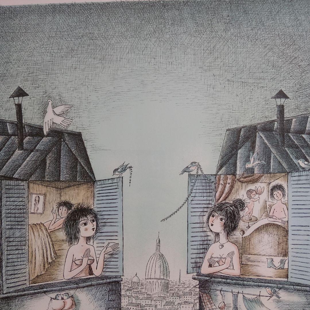 \"新品\"レイモンペイネ R. Peynetリトグラフ『窓辺のおしゃべり』サイン入