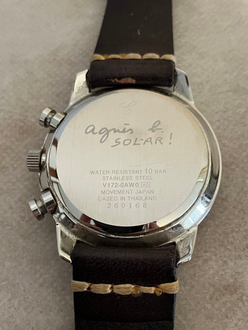 値下げ 稼働★アニエス・ベー クロノグラフ アイボリーメンズ ソーラー腕時計