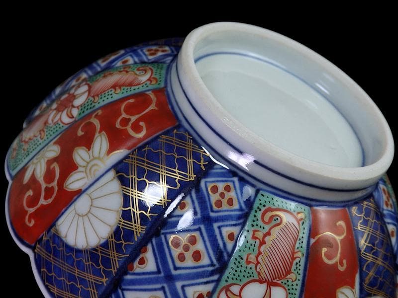 大聖寺伊万里 金襴手 寿紋に輪花楕円変形皿 大振向付 E704AS-CZk