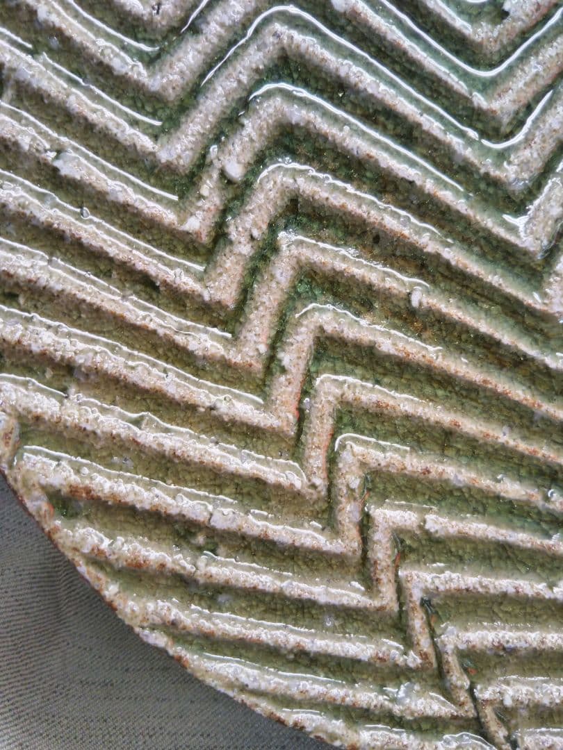 益子焼　坂田甚内　灰釉縞手皿　径26cm　未使用