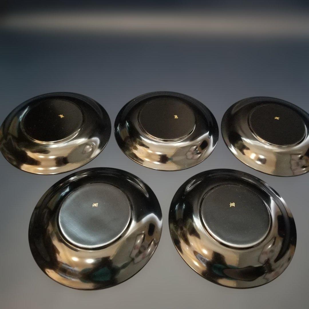 輪島塗 黒漆 沈金 金菊蒔絵 中皿 5枚セット