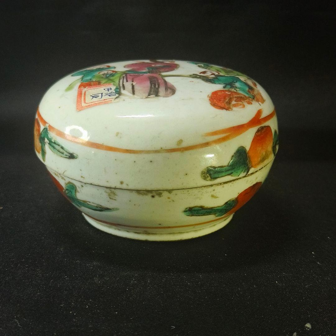 中国骨董 清時代粉彩小物入れ 朱肉合 同治年製古玩 手描き 古