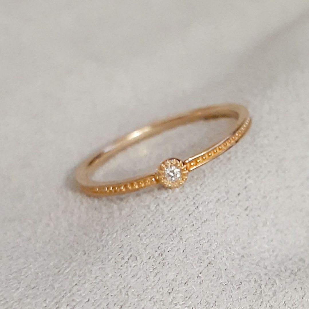 エテ K10YG レイヤード ミル打ち 1粒ダイヤモンド リング