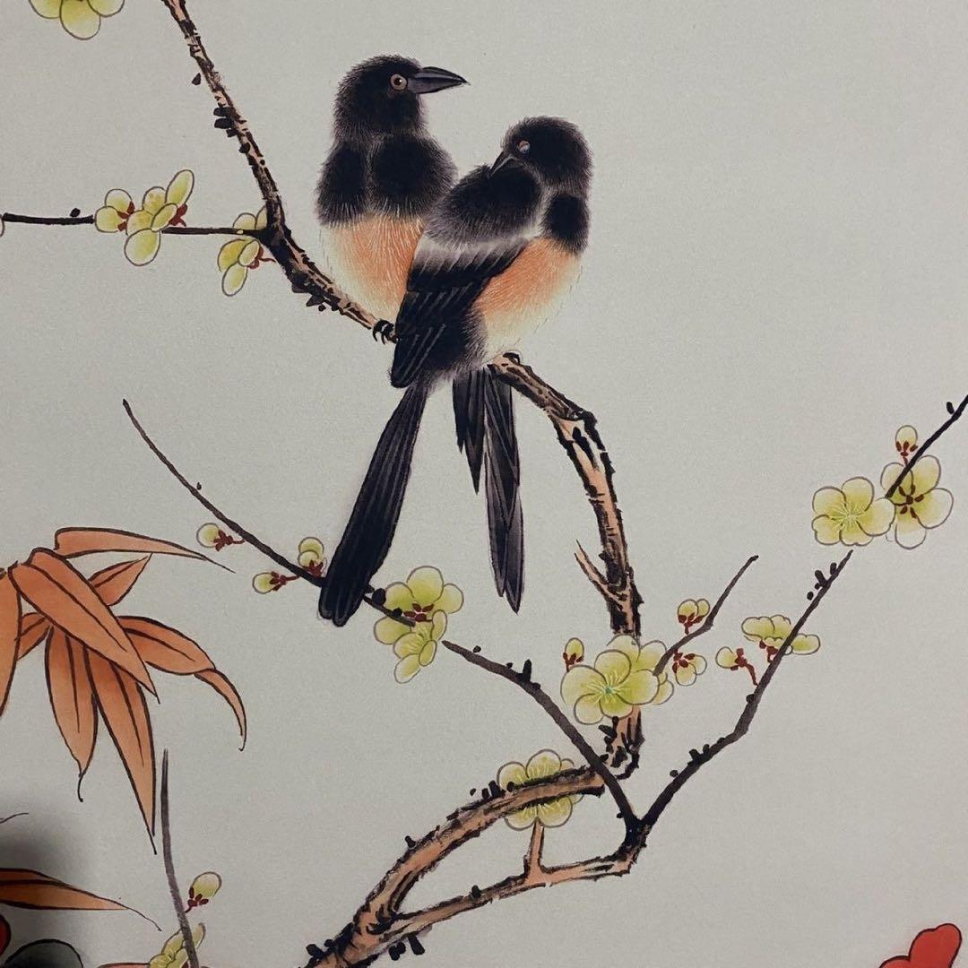 四尺 中堂 花鳥画 茶花小鳥図 華嵒 宣紙 表装済み 防伪証明書付