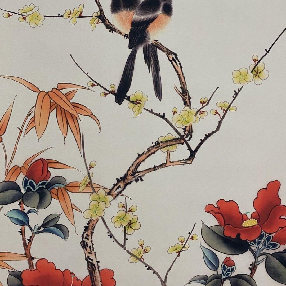 四尺 中堂 花鳥画 茶花小鳥図 華嵒 宣紙 表装済み 防伪証明書付