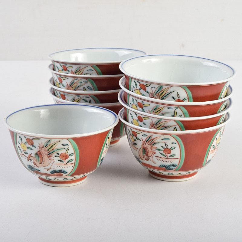 九谷焼 清々軒 矢口永寿造 金襴手写 花鳥文 煎茶碗 九客 共箱