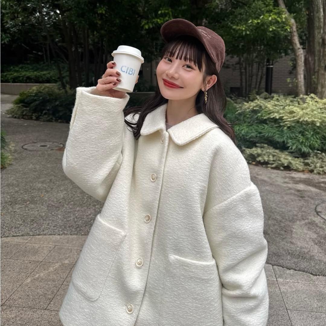 hinari ステンカラーシャギーミドルコート ホワイト 未使用品 - メルカリ