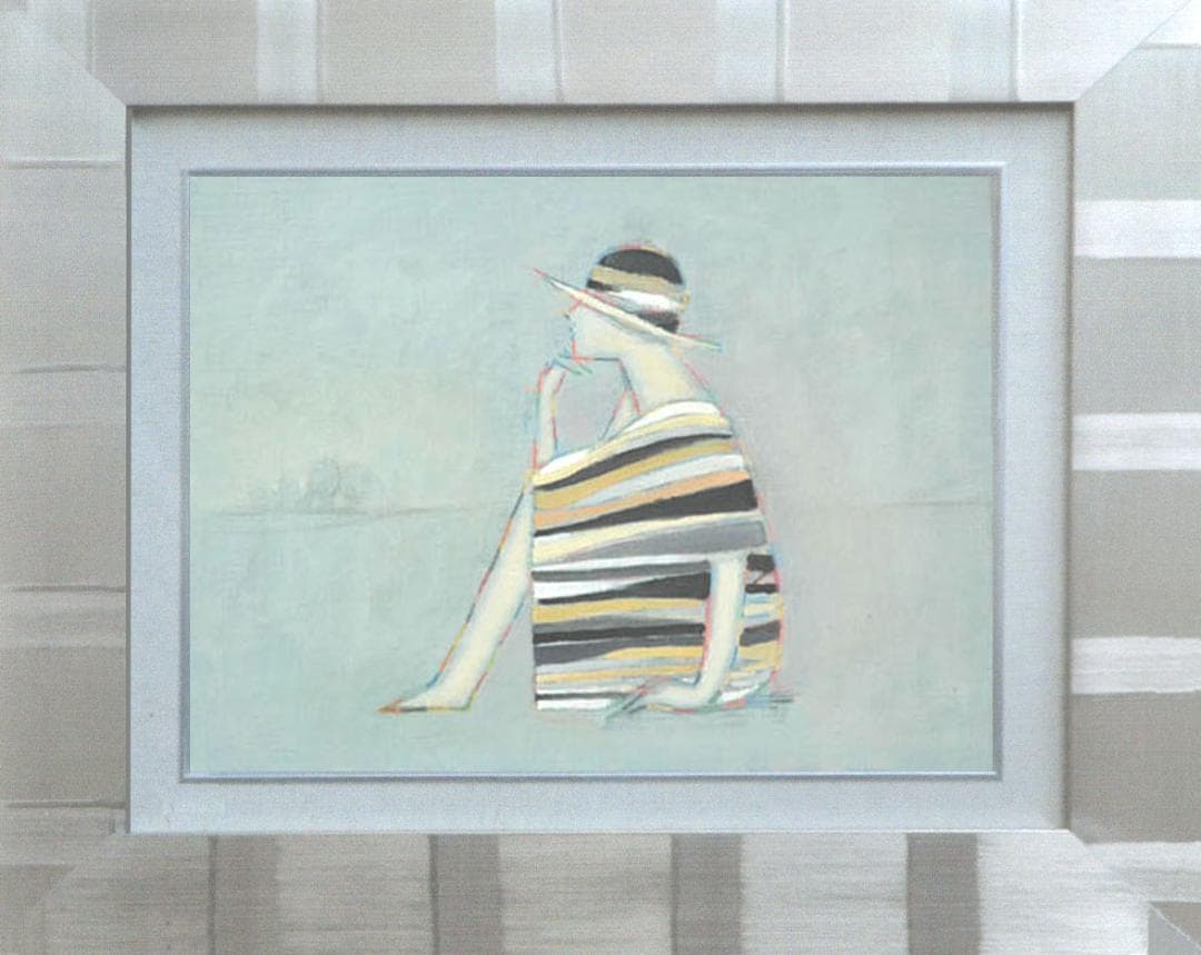 油絵 菅家令子 絵 絵画インテリア額付(青緑＋金色の枠) F4-071712女性