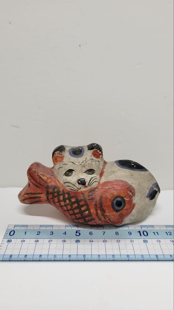 おめでたい お正月玄関に 明治時代 鯛猫 ガラ入 古い練り人形 土人形 郷土