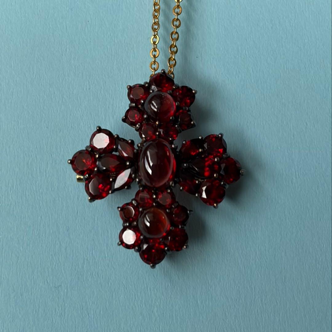 碌山 ロクザン ヴィンテージ風 十字架 ブローチ ガーネット ペンダント