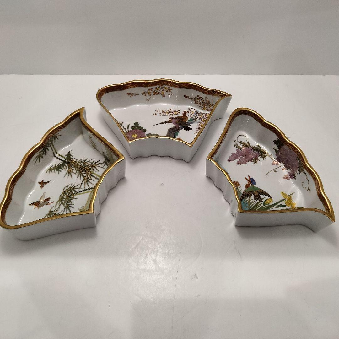 R127 江戸後期～明治期 九谷 金襴手花鳥紋オードブル皿 七点揃 時代箱