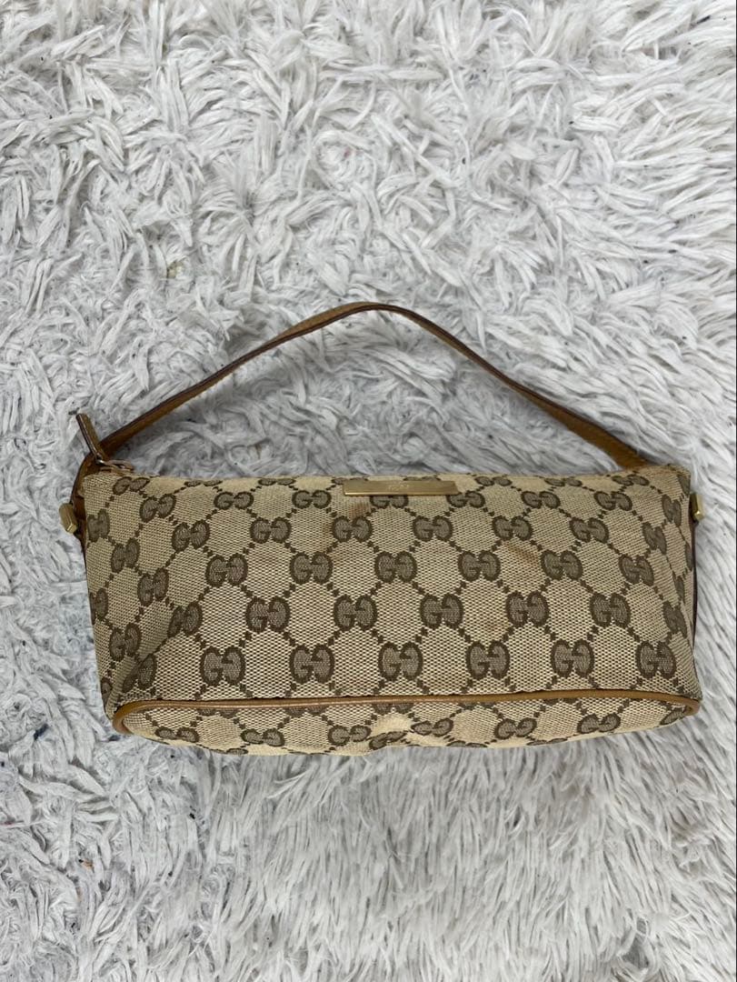美品 グッチ キャンバス アクセサリーポーチ GG柄 ロゴ型押し ファスナー 茶