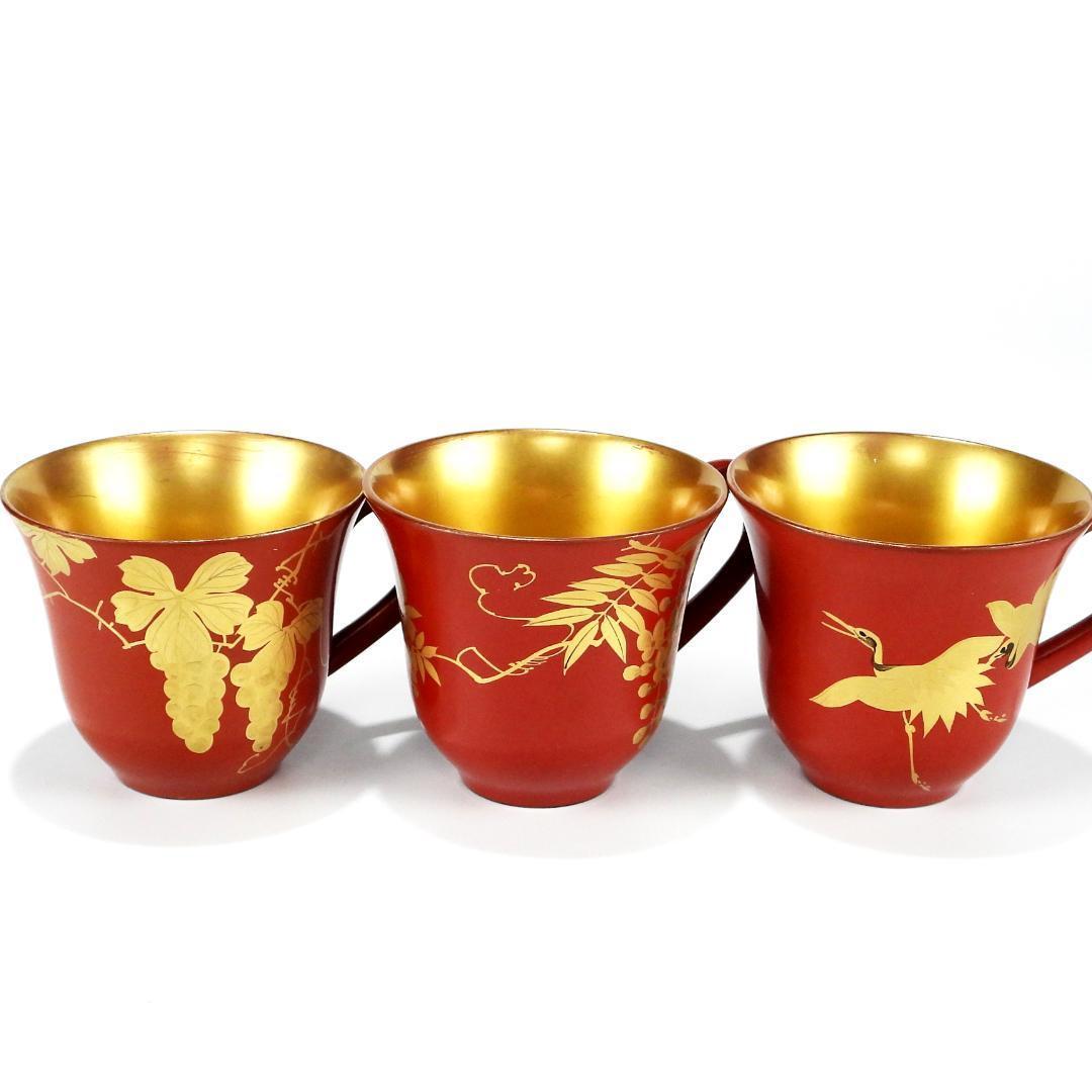 漆器 赤金 花柄 カップとソーサー 6客セット