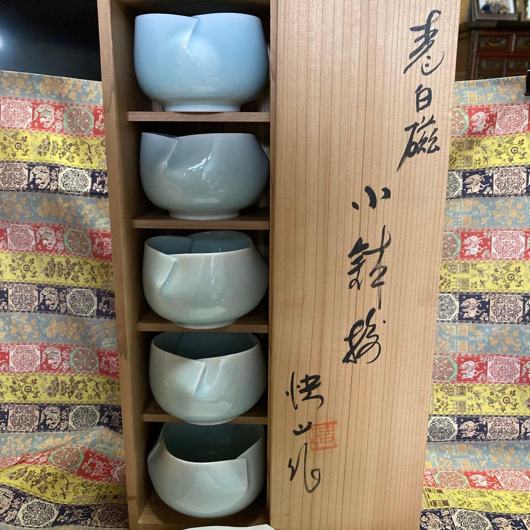 人間￼国宝　塚本快示 青白磁 小鉢5客　快山釜　共箱　約8.5×5.5CM