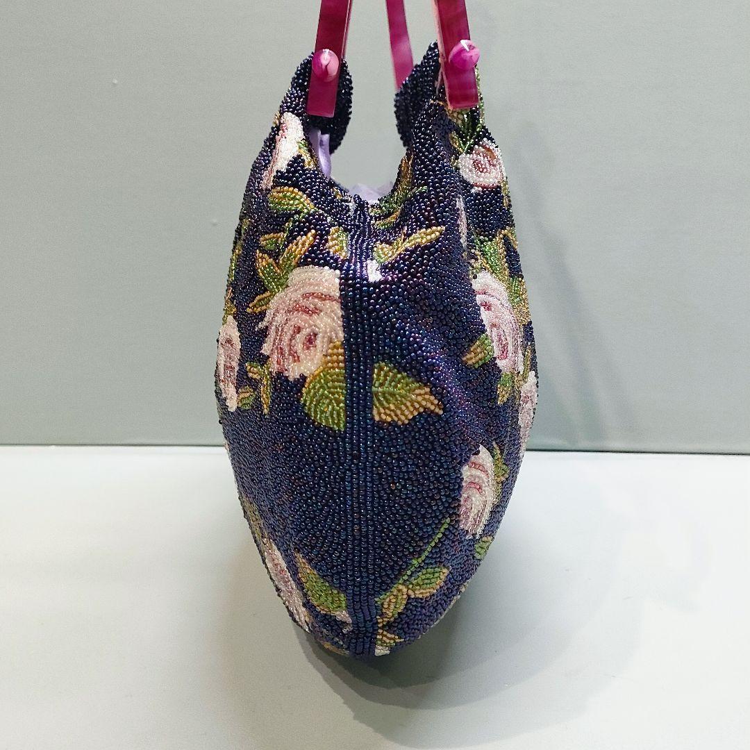 総ビーズバッグ レトロデザイン バラ柄 ネイビー ハンドバッグ
