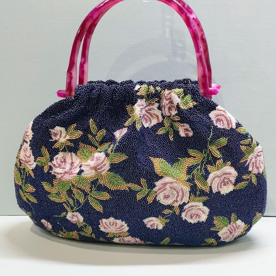 総ビーズバッグ レトロデザイン バラ柄 ネイビー ハンドバッグ