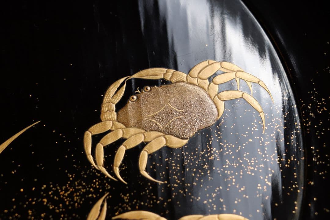 CK91 木製漆器 蟹蘆金蒔絵 黒塗 大徳寺盆 五客 24.5cm 木皿 菓子盆