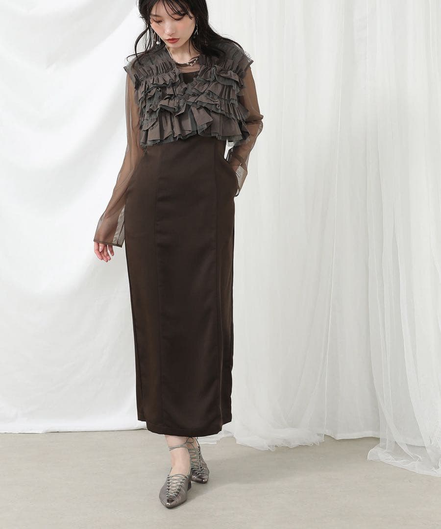 ＊美品＊ボリュームフリルベスト シアートップス キャミワンピ レイヤードドレス