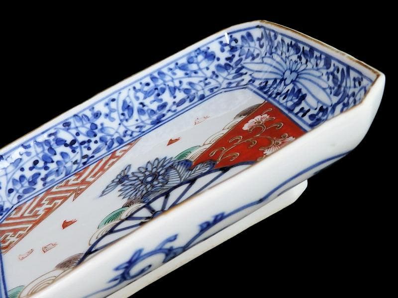 大聖寺伊万里 染錦 波千鳥に菊 花唐草の図 長皿 B288AS-CRn