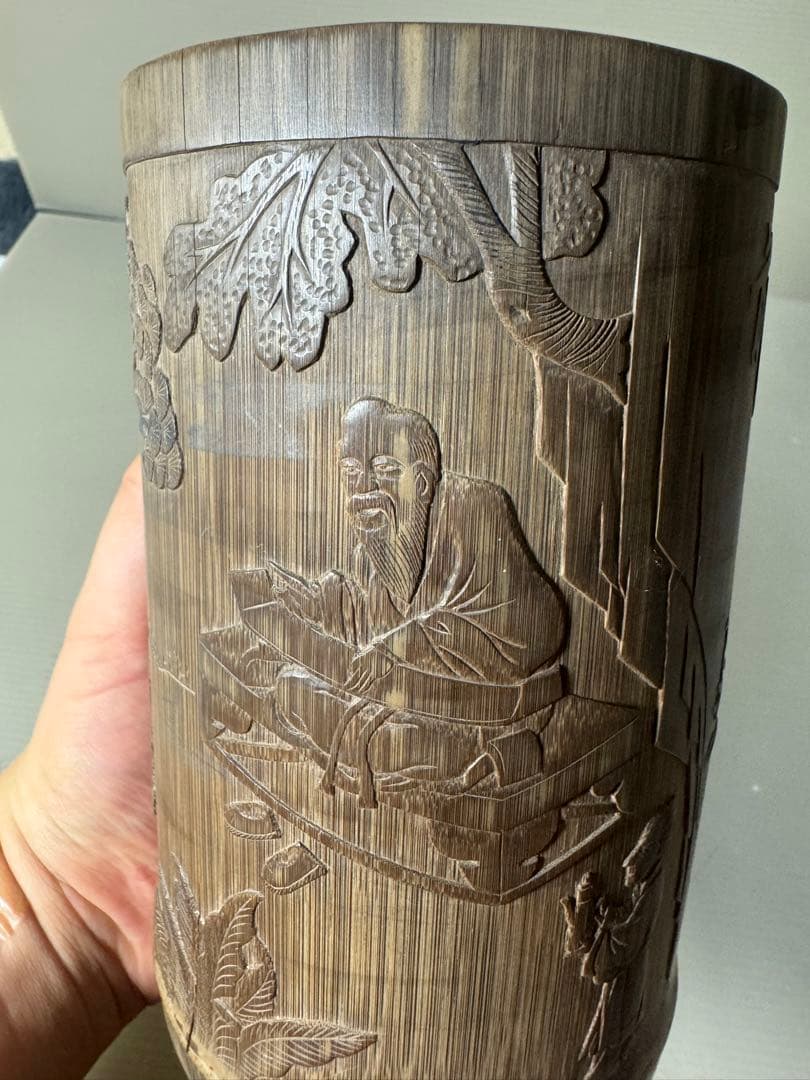 2378 古唐物 竹彫 竹筆筒 置物 時代物