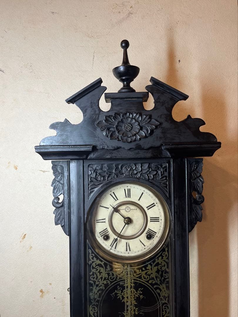 精工舎　黒塗　柱時計　古時計　振り子　ゼンマイ　ボンボン　レトロ　ユンハンス