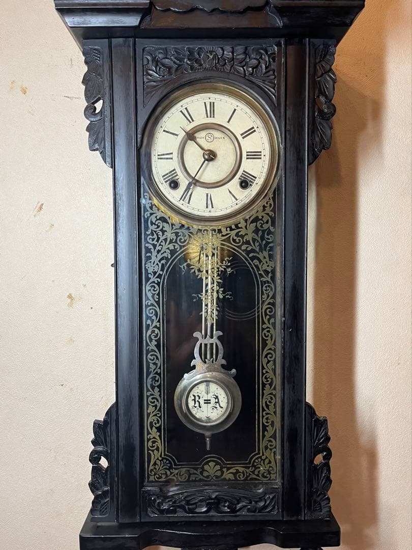 精工舎　黒塗　柱時計　古時計　振り子　ゼンマイ　ボンボン　レトロ　ユンハンス