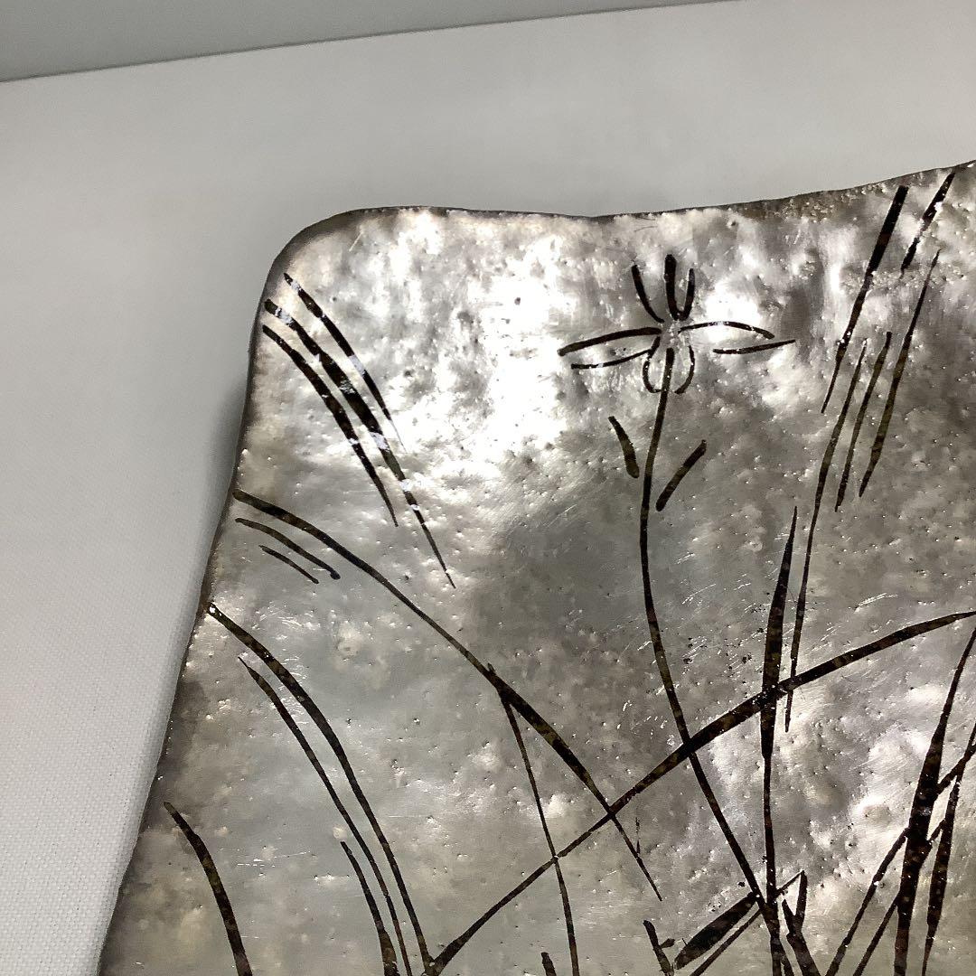 蔵珍窯【魯山人写し】銀彩草花文角向付四方皿 ①